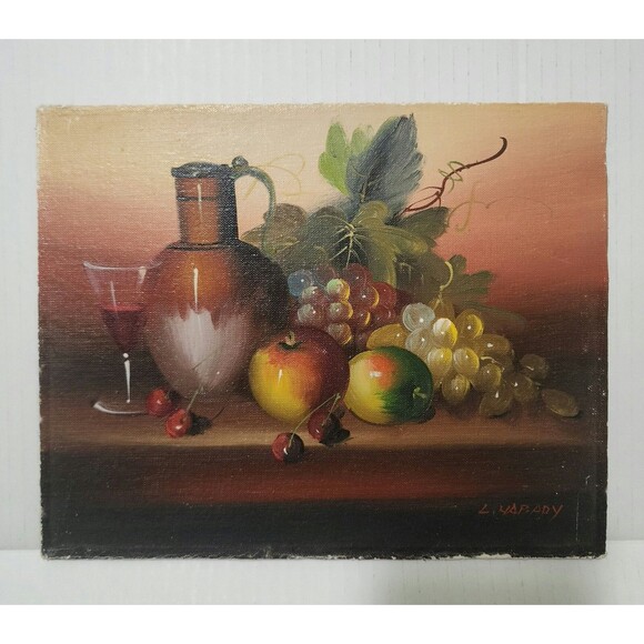 Oil Painting Signed L. Habady on Canvas Jug Fruits Berries Wine - Unframed